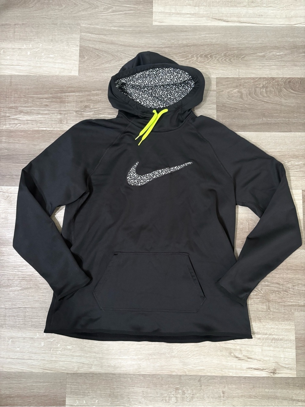 Nike womens Black Crewneck Hoodie with Speckled Swoosh and Neon Drawcords
